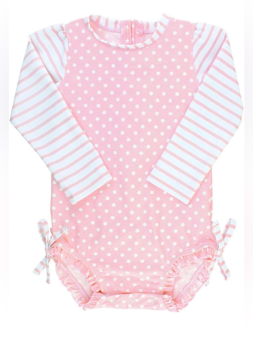 NWT RuffleButts Baby Girl Pink Polka Dot Long Sleeve Rash Guard Swimsuit 3-6M